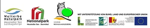 Logoleiste: Welterbe Naturpark Neusiedler See Leithagebirge, Nationalpark Neusiedlersee - Seewinkel. Mit Unterstüptzunund, Land und Europäischer Union.